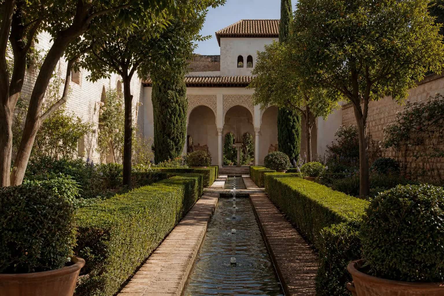Alhambra-inspired garden courtyard with water channel, clipped hedges, cypress trees, and shaded arches